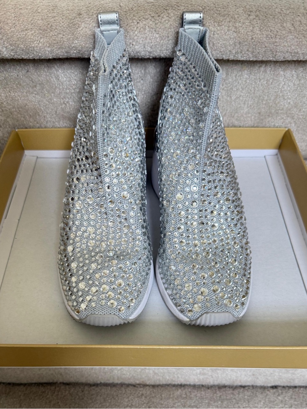 Slip-On Crystal Embellished Knit Sneakers - Silver